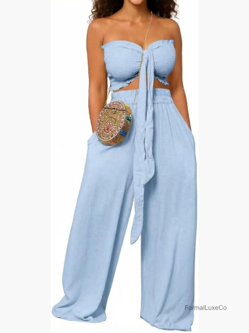 Two Piece Outfits Knot Front Ruffle Crop Top Wide Leg Pants Set